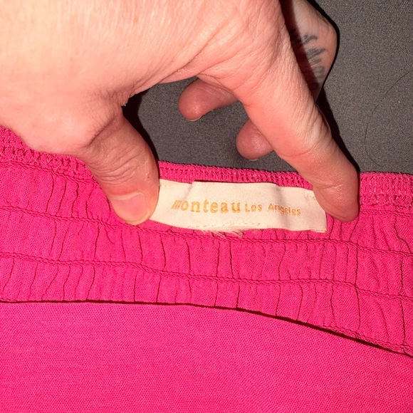 Monteau Los Angeles Pink Midi Square Neck, Puff Sleeved, Front Slit Dress Sz Lg - Picture 7 of 15